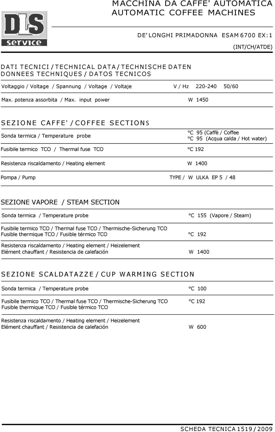 input power W 1450 SEZIONE CAFFE' / COFFEE SECTIONS Sonda termica / Temperature probe C 95 (Caffè / Coffee C 95 (Acqua calda / Hot water) Fusibile termico / Thermal fuse C 192 Resistenza