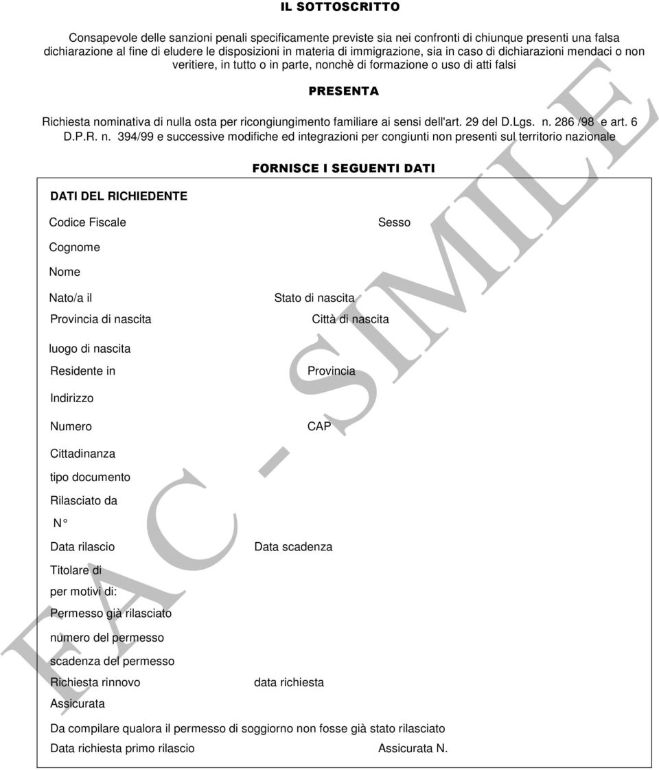 ricongiungimento familiare ai sensi dell'art. 29 del D.Lgs. n.