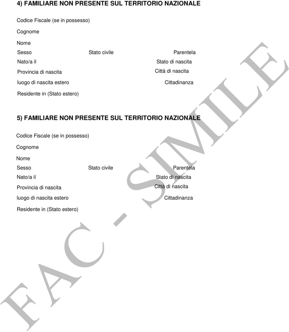 nascita 5) FAMILIARE NON PRESENTE SUL TERRITORIO NAZIONALE Codice Fiscale (se in possesso)