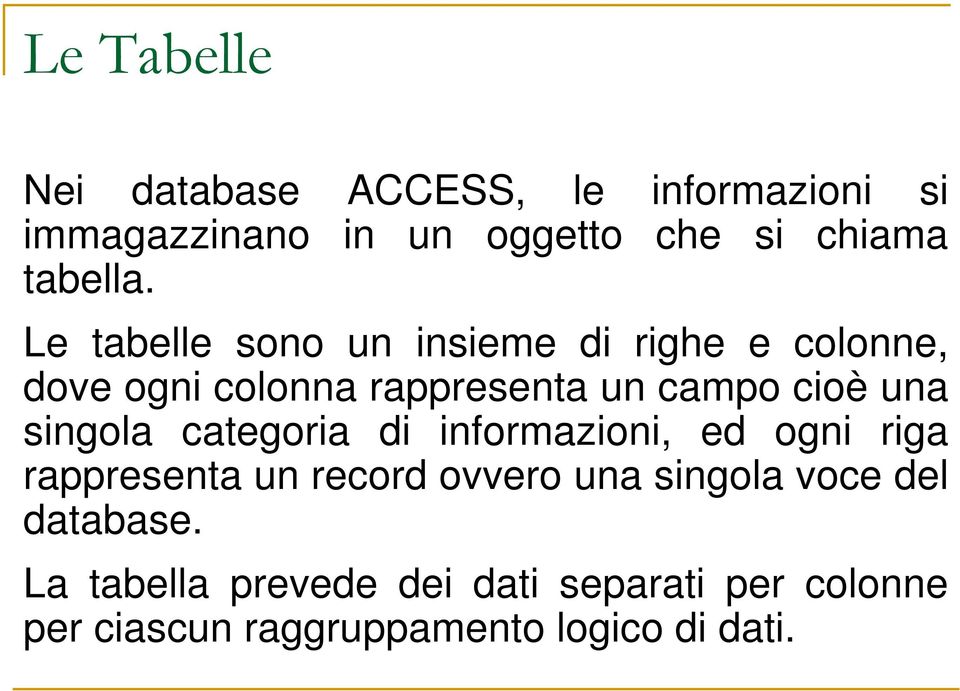 Le tabelle sono un insieme di righe e colonne, dove ogni colonna rappresenta un campo cioè una