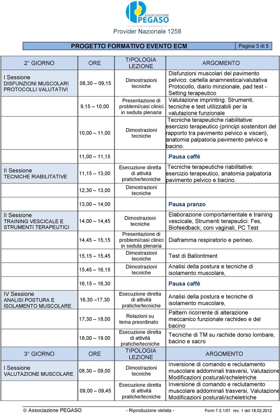 14,45 15,15 15,15 15,45 15,45 16,15 problemi/casi clinici Disfunzioni muscolari del pavimento pelvico: cartella anamnestica/valutativa Protocollo, diario minzionale, pad test - Setting terapeutico