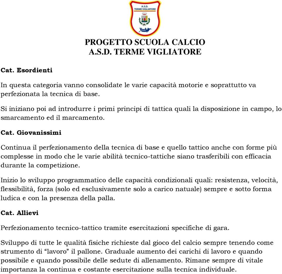 Giovanissimi Continua il perfezionamento della tecnica di base e quello tattico anche con forme più complesse in modo che le varie abilità tecnico-tattiche siano trasferibili con efficacia durante la