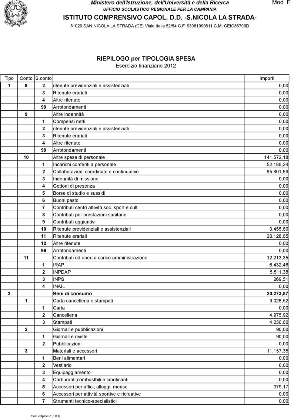 0,00 8 Contributi per prestazioni sanitarie 0,00 9 Contributi aggiuntivi 0,00 10 Ritenute previdenziali e assistenziali 3.455,60 11 Ritenute erariali 20.