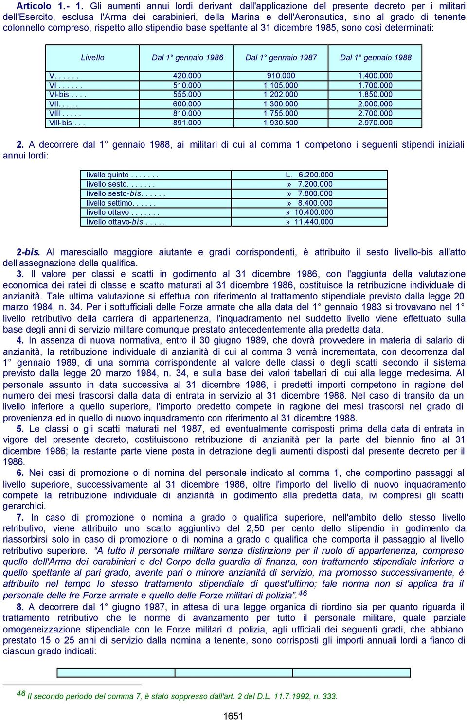 colonnello compreso, rispetto allo stipendio base spettante al 31 dicembre 1985, sono così determinati: Livello Dal 1 gennaio 1986 Dal 1 gennaio 1987 Dal 1 gennaio 1988 V...... 420.000 910.000 1.400.