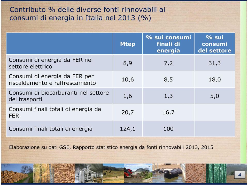 finali totali di energia da FER Mtep % sui consumi finali di energia % sui consumi del settore 8,9 7,2 31,3 10,6 8,5 18,0 1,6 1,3