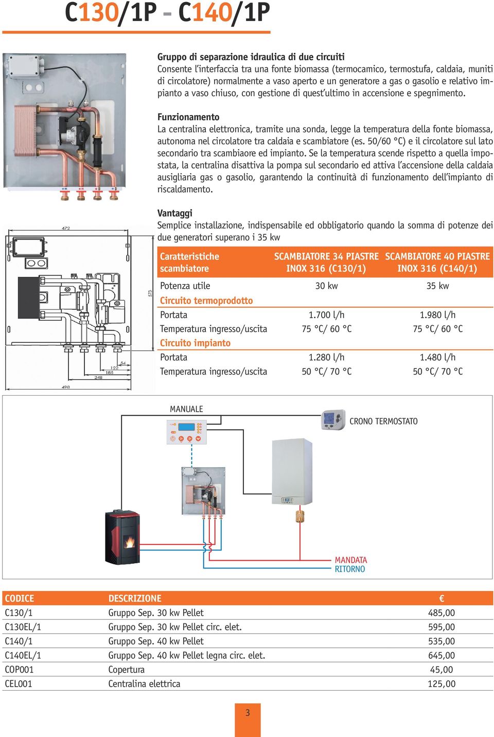 Se la temperatura scende rispetto a quella impostata, la centralina disattiva la pompa sul secondario ed attiva l accensione della caldaia ausigliaria gas o gasolio, garantendo la continuità di