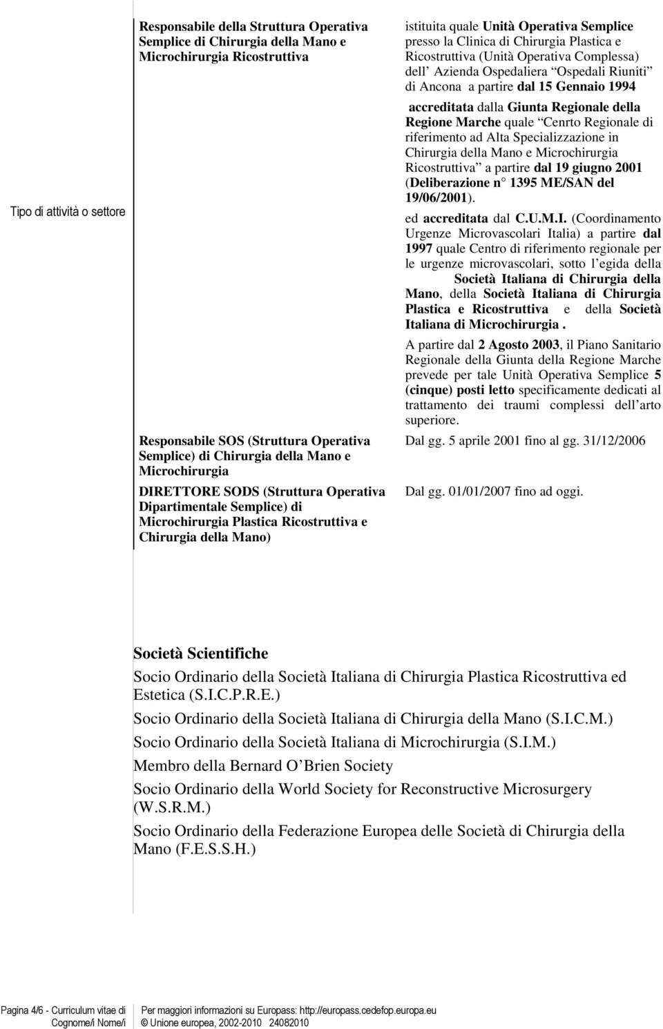 Clinica di Chirurgia Plastica e Ricostruttiva (Unità Operativa Complessa) dell Azienda Ospedaliera Ospedali Riuniti di Ancona a partire dal 15 Gennaio 1994 accreditata dalla Giunta Regionale della