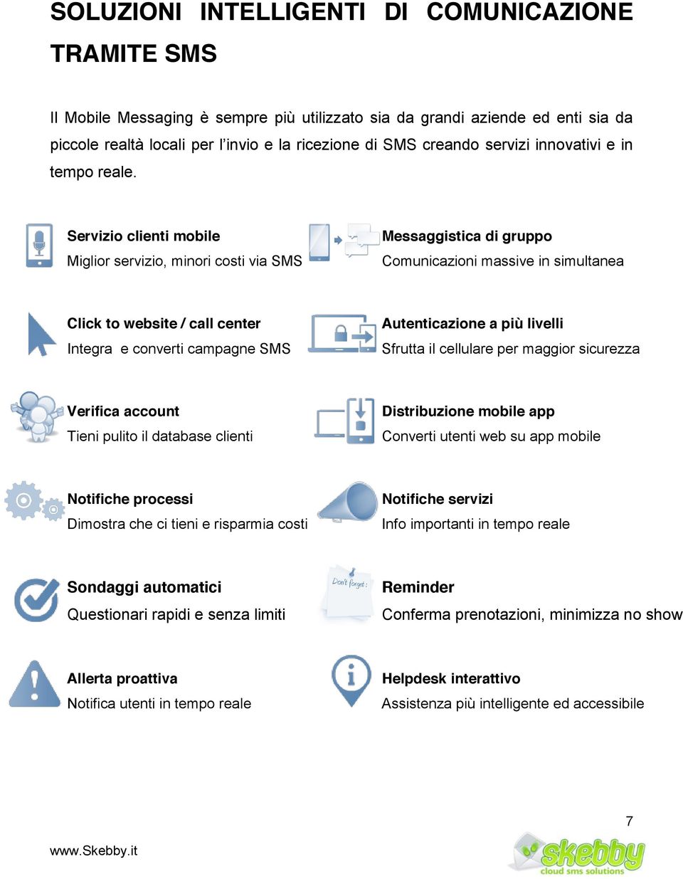 Servizio clienti mobile Miglior servizio, minori costi via SMS Messaggistica di gruppo Comunicazioni massive in simultanea Click to website / call center Autenticazione a più livelli Integra e