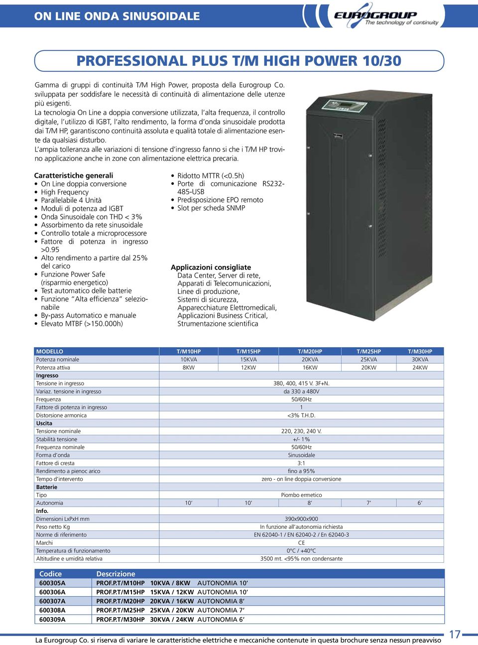 La tecnologia On Line a doppia conversione utilizzata, l alta frequenza, il controllo digitale, l utilizzo di IGBT, l alto rendimento, la forma d onda sinusoidale prodotta dai T/M HP, garantiscono