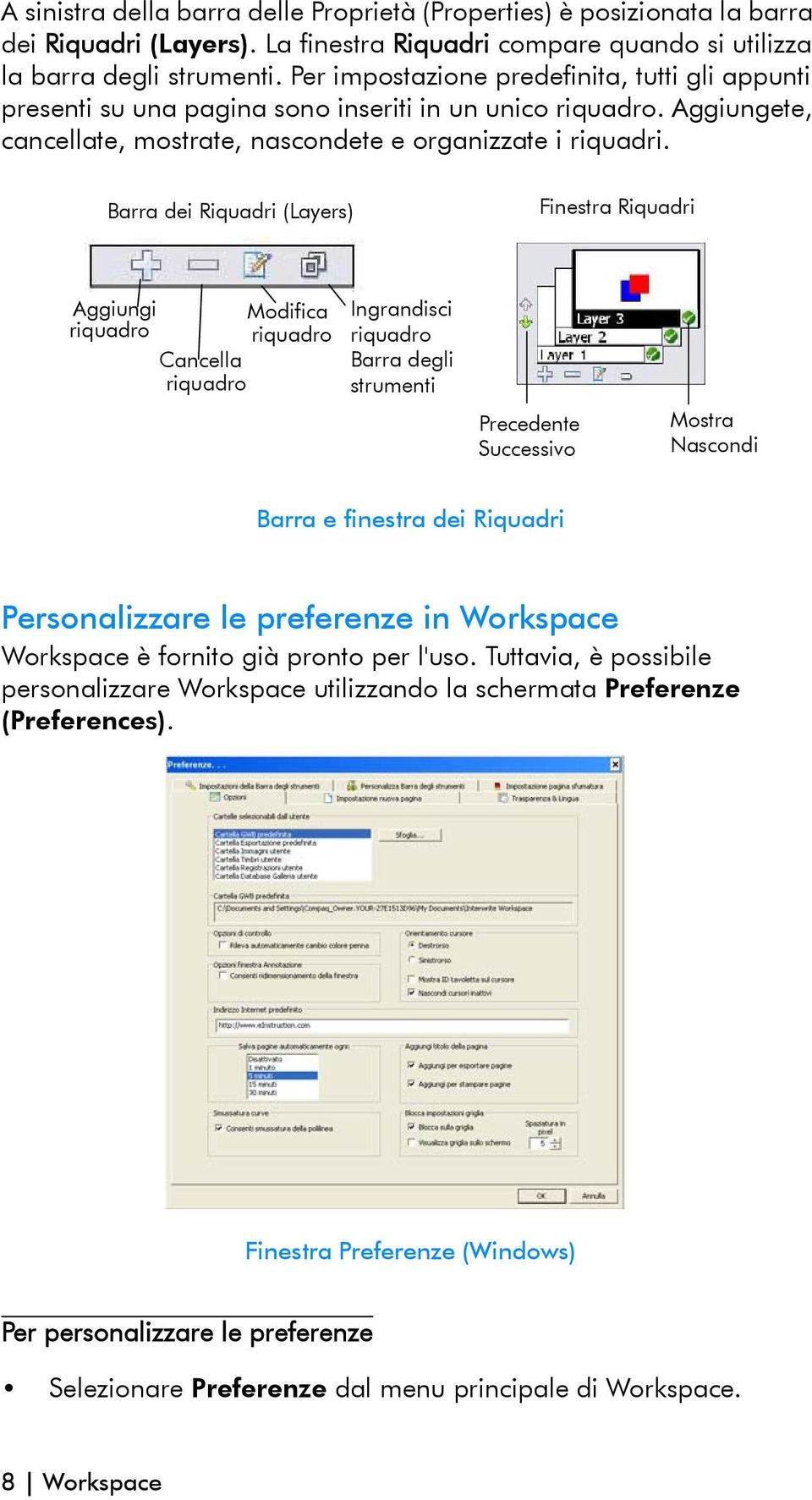 Barra dei Riquadri (Layers) Finestra Riquadri Aggiungi riquadro Cancella riquadro Modifica riquadro Ingrandisci riquadro Barra degli strumenti Precedente Successivo Mostra Nascondi Barra e finestra