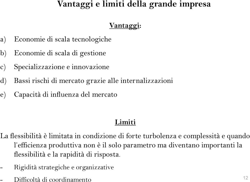 Limiti La flessibilità è limitata in condizione di forte turbolenza e complessità e quando l efficienza produttiva non è il solo