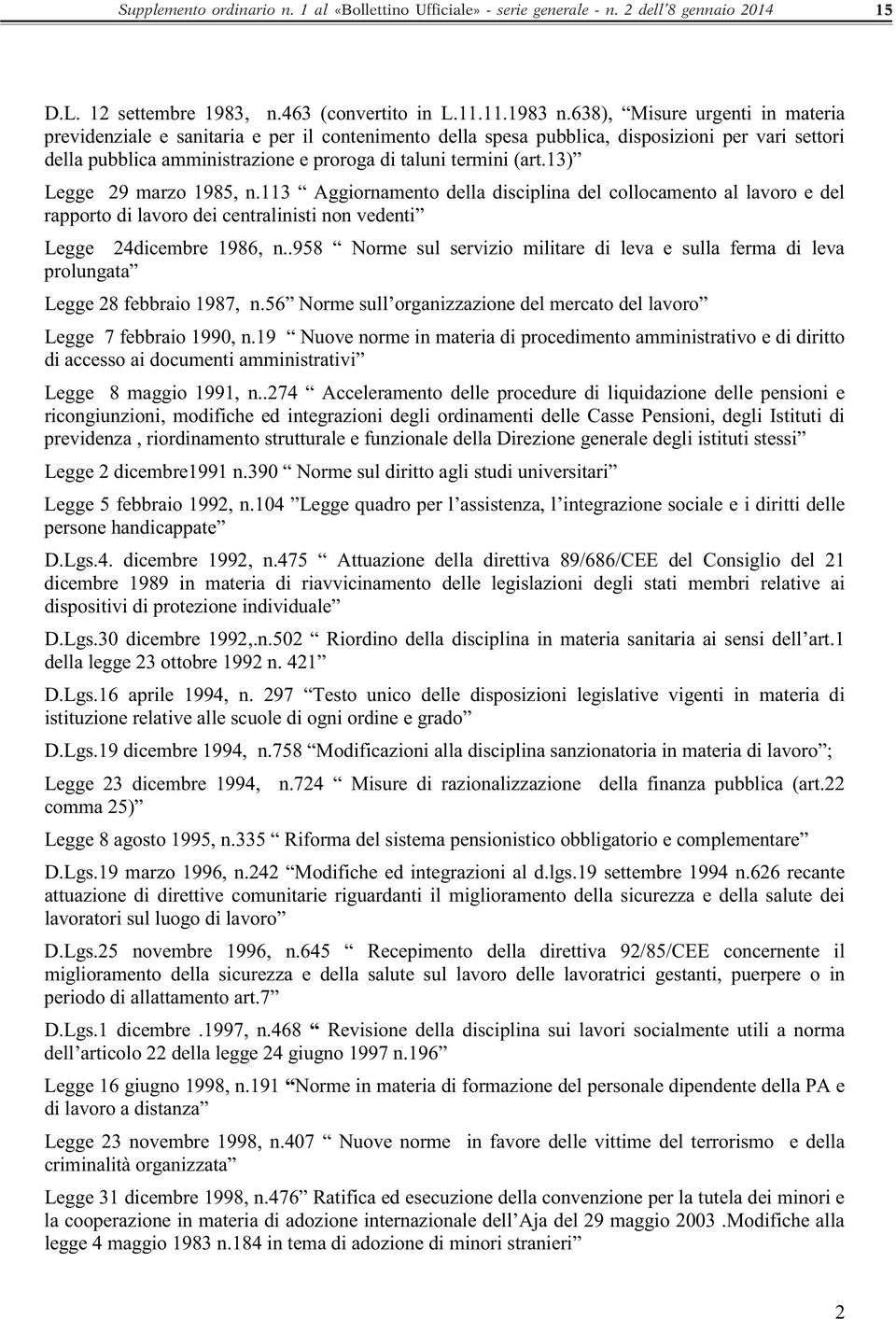 13) Legge 29 marzo 1985, n.113 Aggiornamento della disciplina del collocamento al lavoro e del rapporto di lavoro dei centralinisti non vedenti Legge 24dicembre 1986, n.