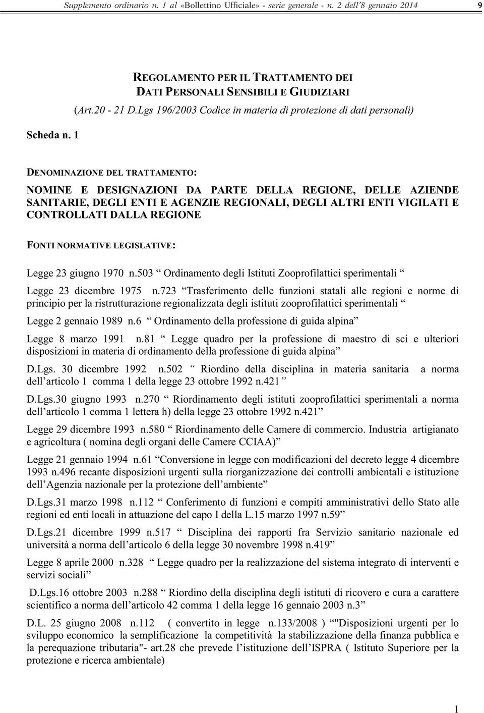 1 DENOMINAZIONE DEL TRATTAMENTO: NOMINE E DESIGNAZIONI DA PARTE DELLA REGIONE, DELLE AZIENDE SANITARIE, DEGLI ENTI E AGENZIE REGIONALI, DEGLI ALTRI ENTI VIGILATI E CONTROLLATI DALLA REGIONE FONTI