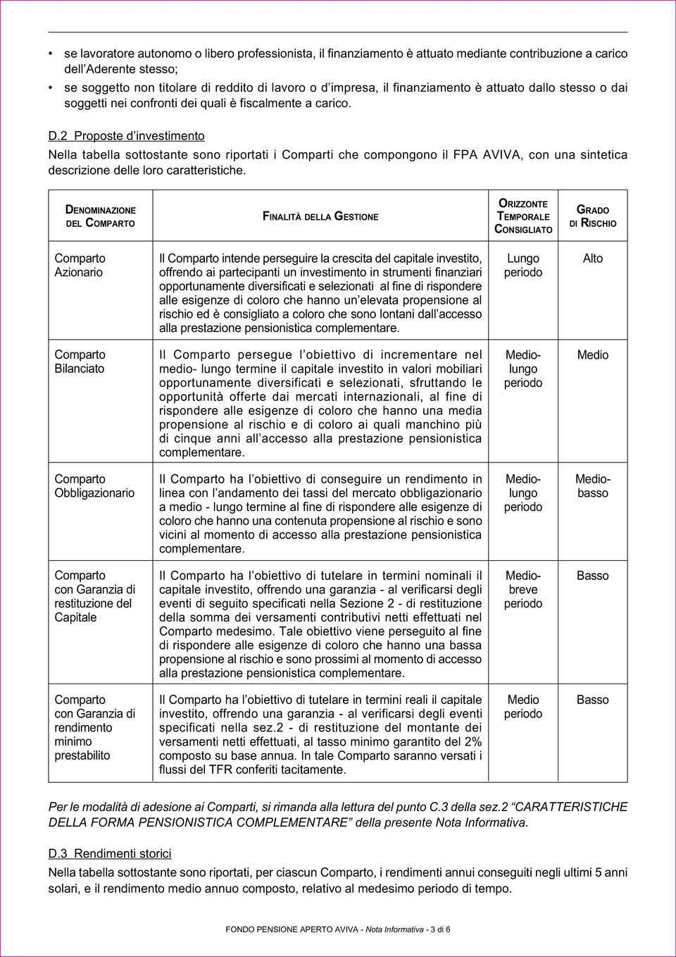 2 Proposte d investimento Nella tabella sottostante sono riportati i Comparti che compongono il FPA AVIVA, con una sintetica descrizione delle loro caratteristiche.