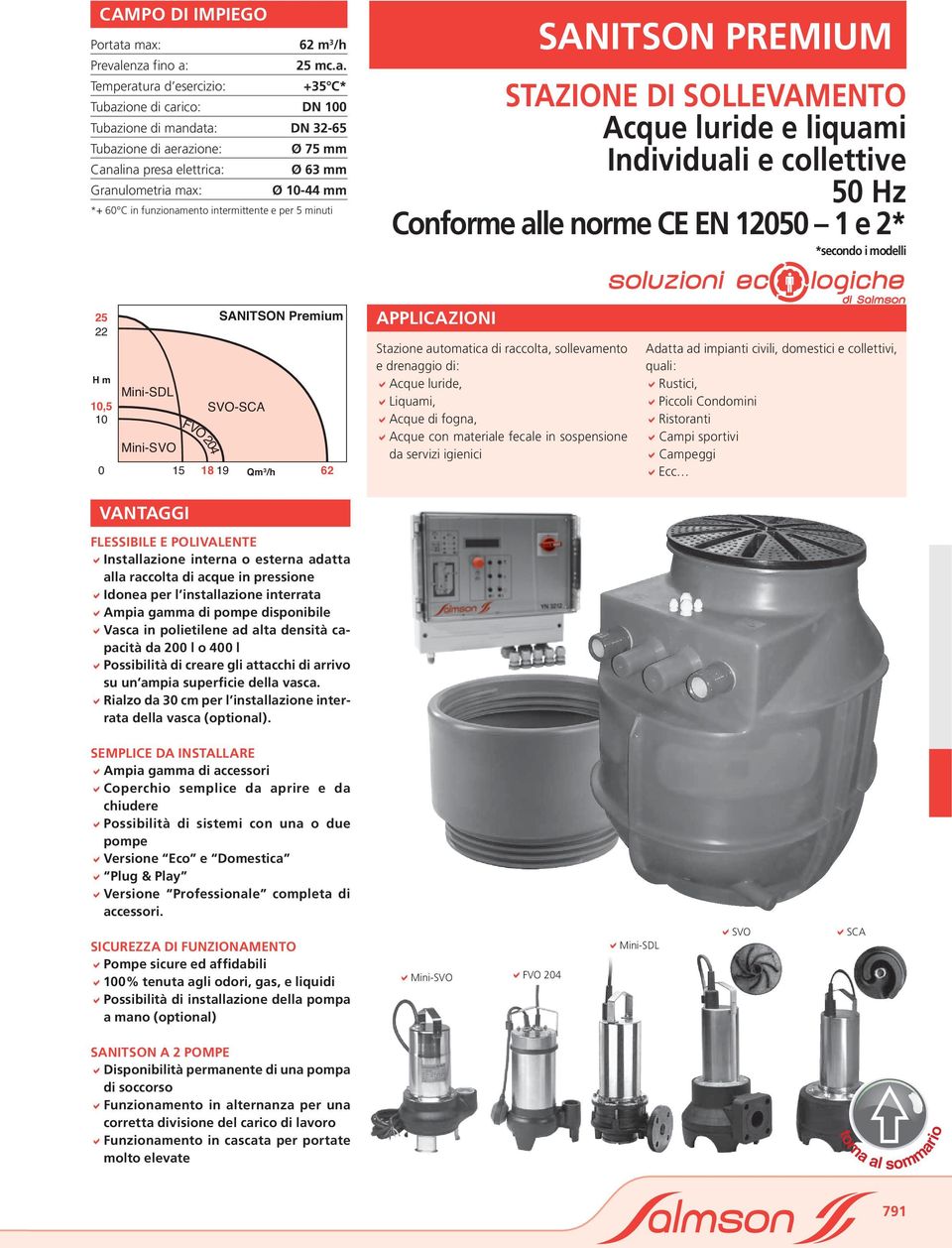 mm Granulometria max: Ø 10-44 mm *+ 60 C in funzionamento intermittente e per 5 minuti SANITSON PREMIUM STAZIONE DI SOLLEVAMENTO Acque luride e liquami Individuali e collettive 50 Hz Conforme alle