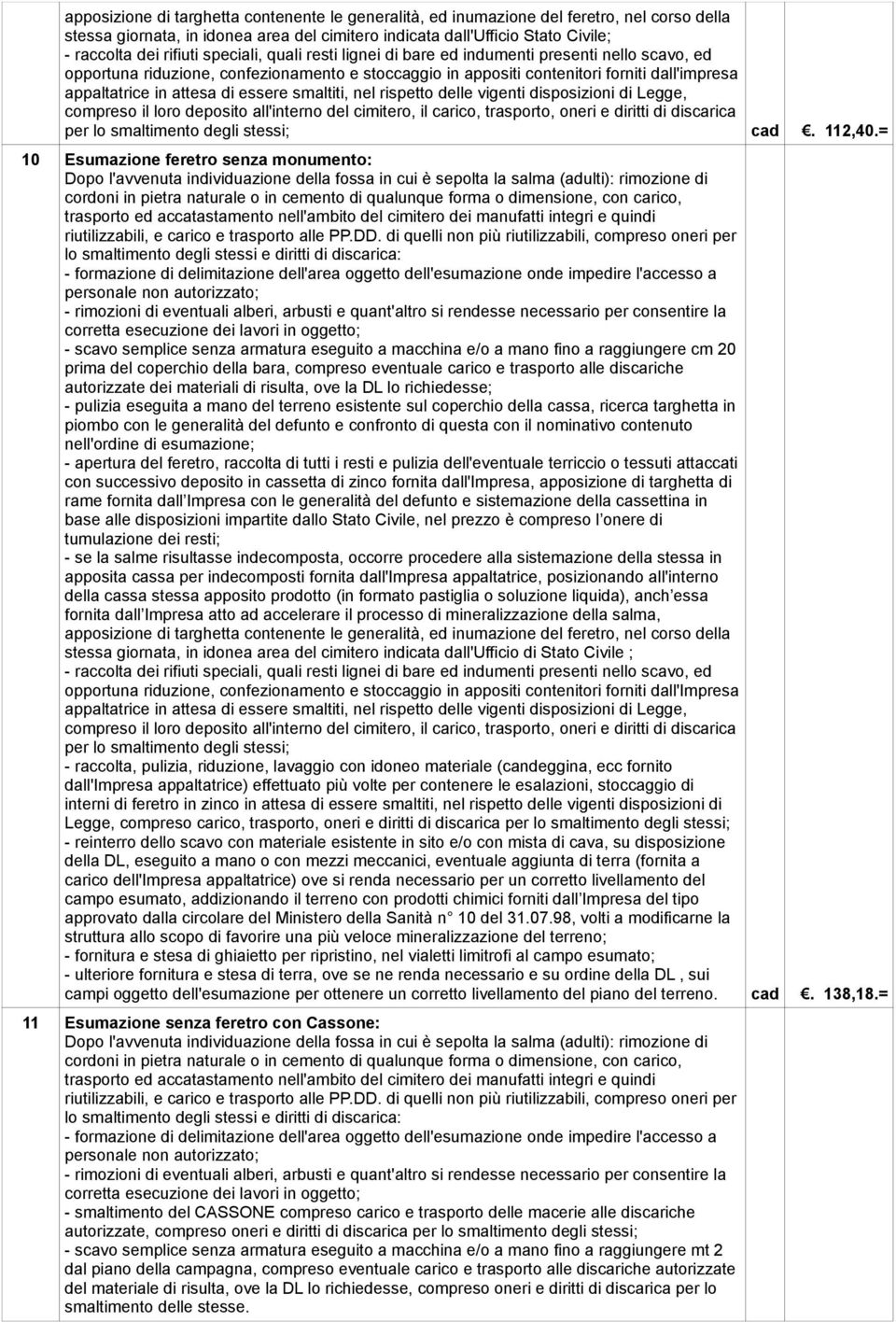 all'interno del cimitero, il carico, trasporto, oneri e diritti di discarica per lo smaltimento degli stessi;. 112,40.