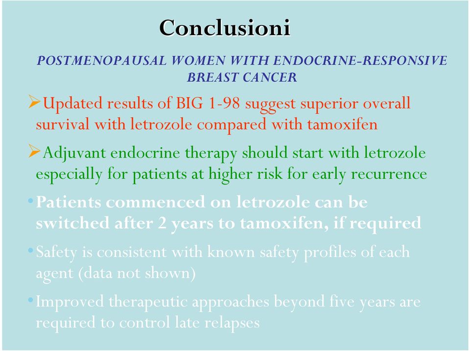 for early recurrence Patients commenced on letrozole can be switched after 2 years to tamoxifen, if required Safety is consistent with