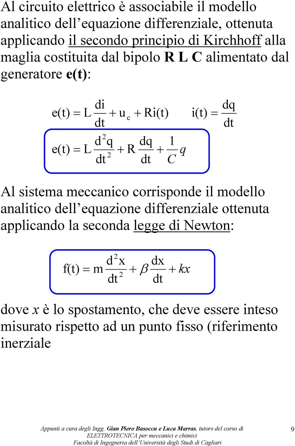 dq d Al sisema meccanico corrisponde il modello analiico dell equazione differenziale oenua applicando la seconda legge di
