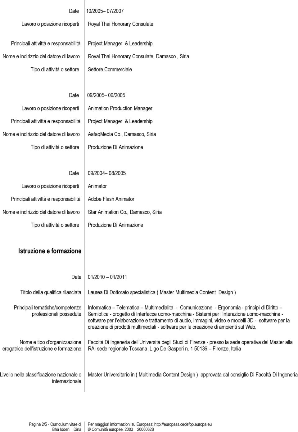 , Damasco, Siria Produzione Di Animazione Istruzione e formazione Date 01/2010 01/2011 Titolo della qualifica rilasciata Laurea Di Dottorato specialistica ( Master Multimedia Content Design )