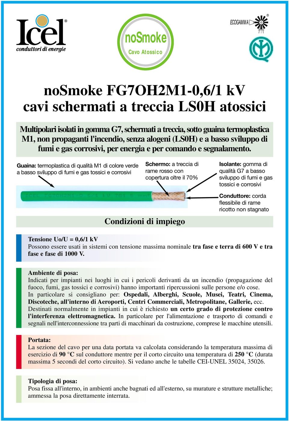 Guaina: termoplastica di qualità M1 di colore verde a basso sviluppo di fumi e gas tossici e corrosivi Schermo: a treccia di rame rosso con copertura oltre il 70% Isolante: gomma di qualità G7 a