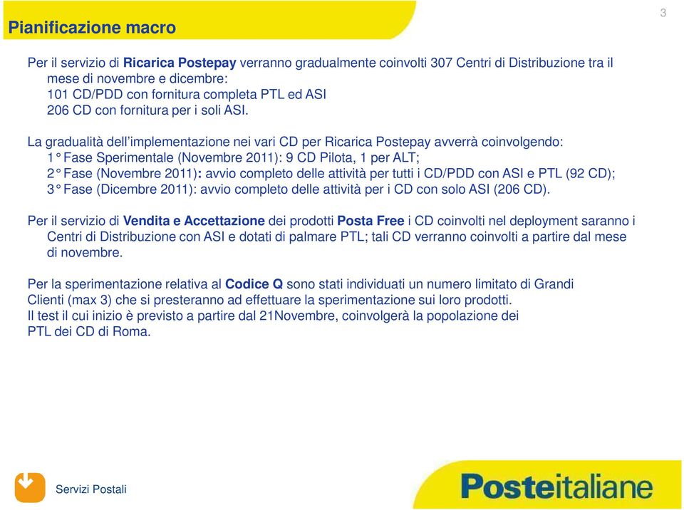 La gradualità dell implementazione nei vari CD per Ricarica Postepay avverrà coinvolgendo: 1 Fase Sperimentale (Novembre 2011): 9 CD Pilota, 1 per ALT; 2 Fase (Novembre 2011): avvio completo delle