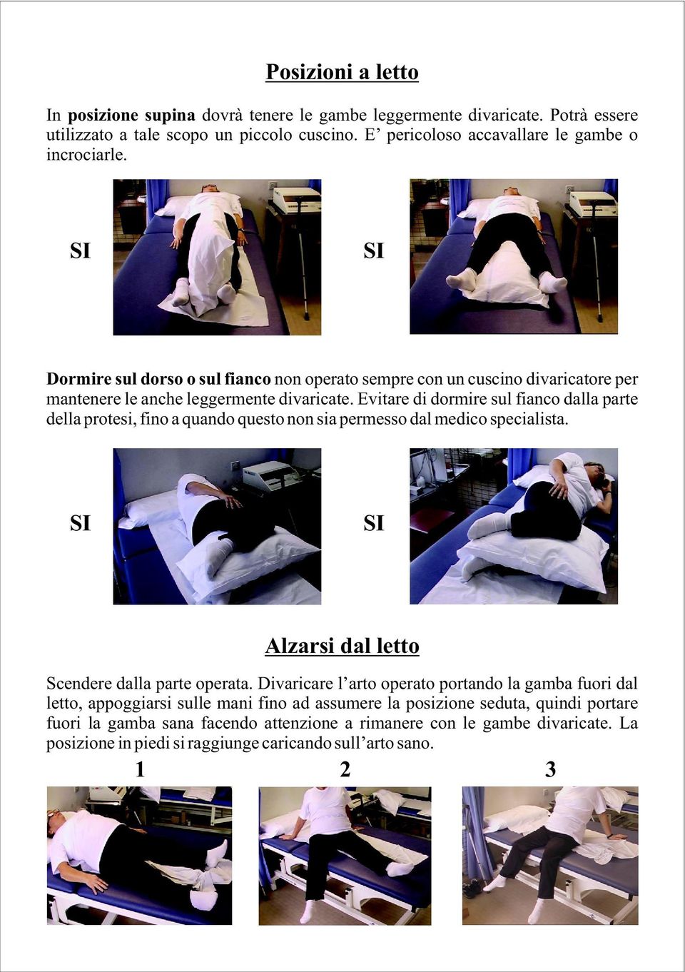 Evitare di dormire sul fianco dalla parte della protesi, fino a quando questo non sia permesso dal medico specialista. SI SI Alzarsi dal letto Scendere dalla parte operata.