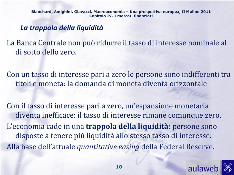 Con un tasso di interesse pari a zero le persone sono indifferenti tra titoli e moneta: la domanda di moneta diventa orizzontale Con il tasso di interesse pari a