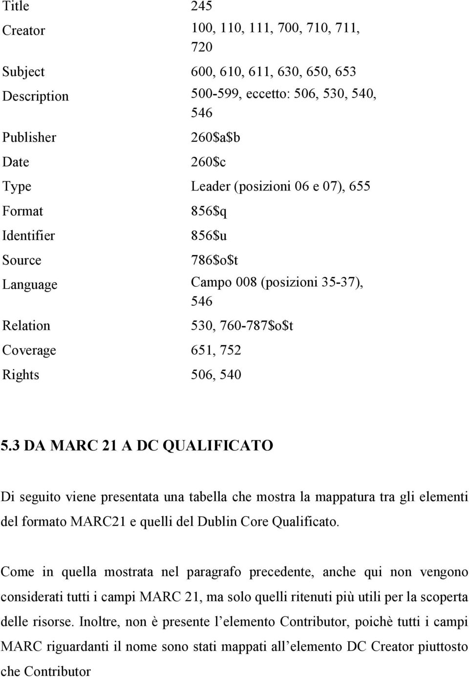 3 DA MARC 21 A DC QUALIFICATO Di seguito viene presentata una tabella che mostra la mappatura tra gli elementi del formato MARC21 e quelli del Dublin Core Qualificato.