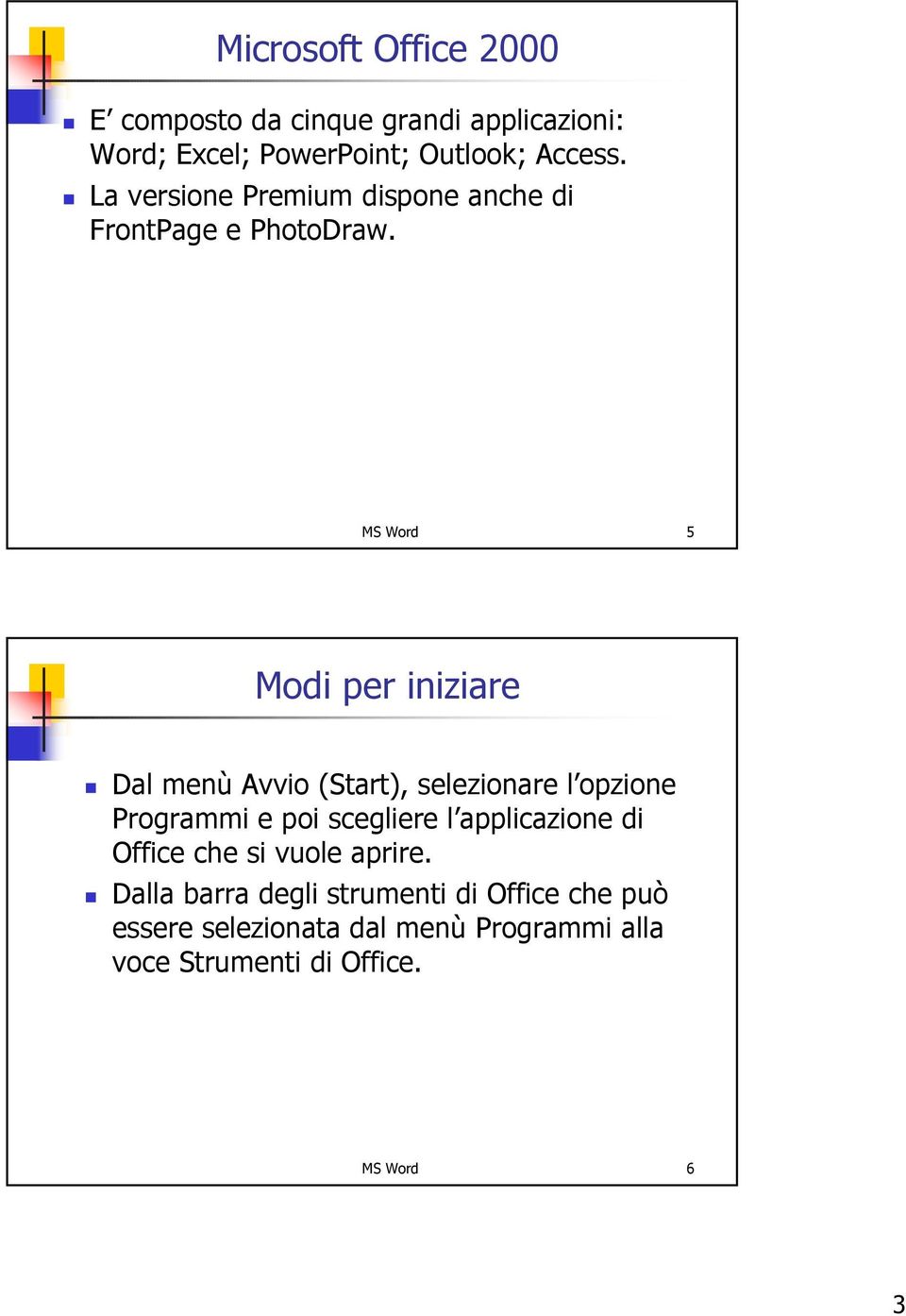 MS Word 5 Modi per iniziare Dal menù Avvio (Start), selezionare l opzione Programmi e poi scegliere l