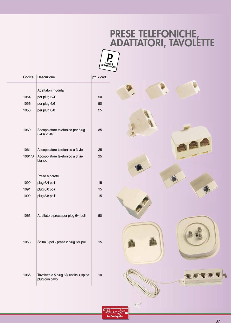 35 61 Accoppiatore telefonico a 3 vie 25 61/B Accoppiatore telefonico a 3 vie bianco 25 Prese a parete 90 plug 6/4 poli 15 91