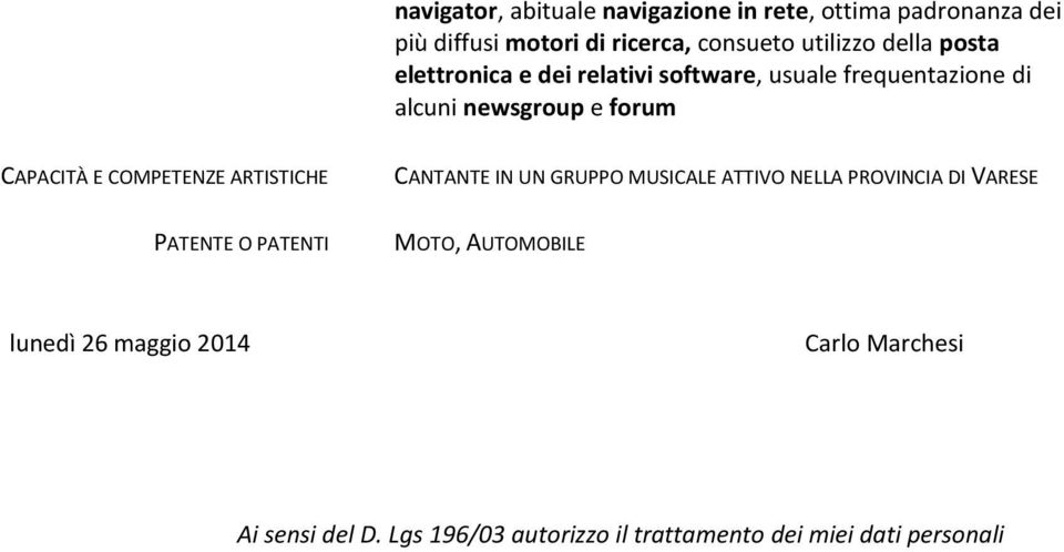 COMPETENZE ARTISTICHE CANTANTE IN UN GRUPPO MUSICALE ATTIVO NELLA PROVINCIA DI VARESE PATENTE O PATENTI MOTO,