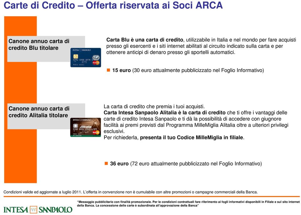 15 euro (30 euro attualmente pubblicizzato nel Foglio Informativo) Canone annuo carta di credito Alitalia titolare La carta di credito che premia i tuoi acquisti.