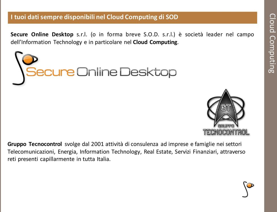 Cloud Computing Gruppo Tecnocontrol svolge dal 2001 attività di consulenza ad imprese e famiglie nei settori