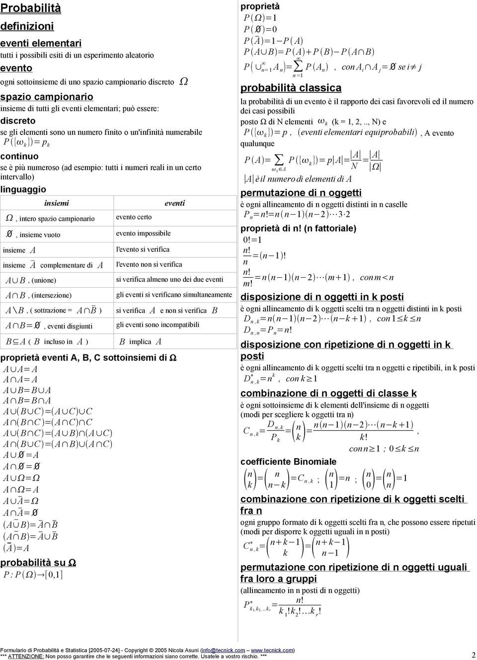 campioario, isieme vuoto isieme A isieme A complemetare di A A B, (uioe) A B, (itersezioe) A B, ( sottrazioe = A B ) A B=, eveti disgiuti B A ( B icluso i A ) eveto certo eveto impossibile l'eveto si