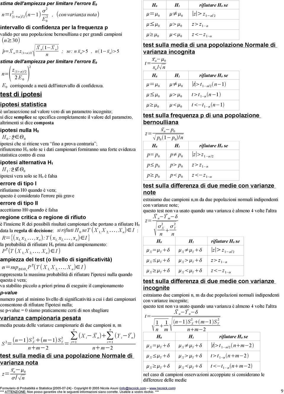 test di ipotesi ipotesi statistica è u'asserzioe sul valore vero di u parametro icogito; si dice semplice se specifica completamete il valore del parametro, altrimeti si dice composta ipotesi ulla H