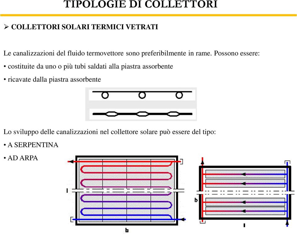 Possono essere: costituite da uno o più tubi saldati alla piastra assorbente