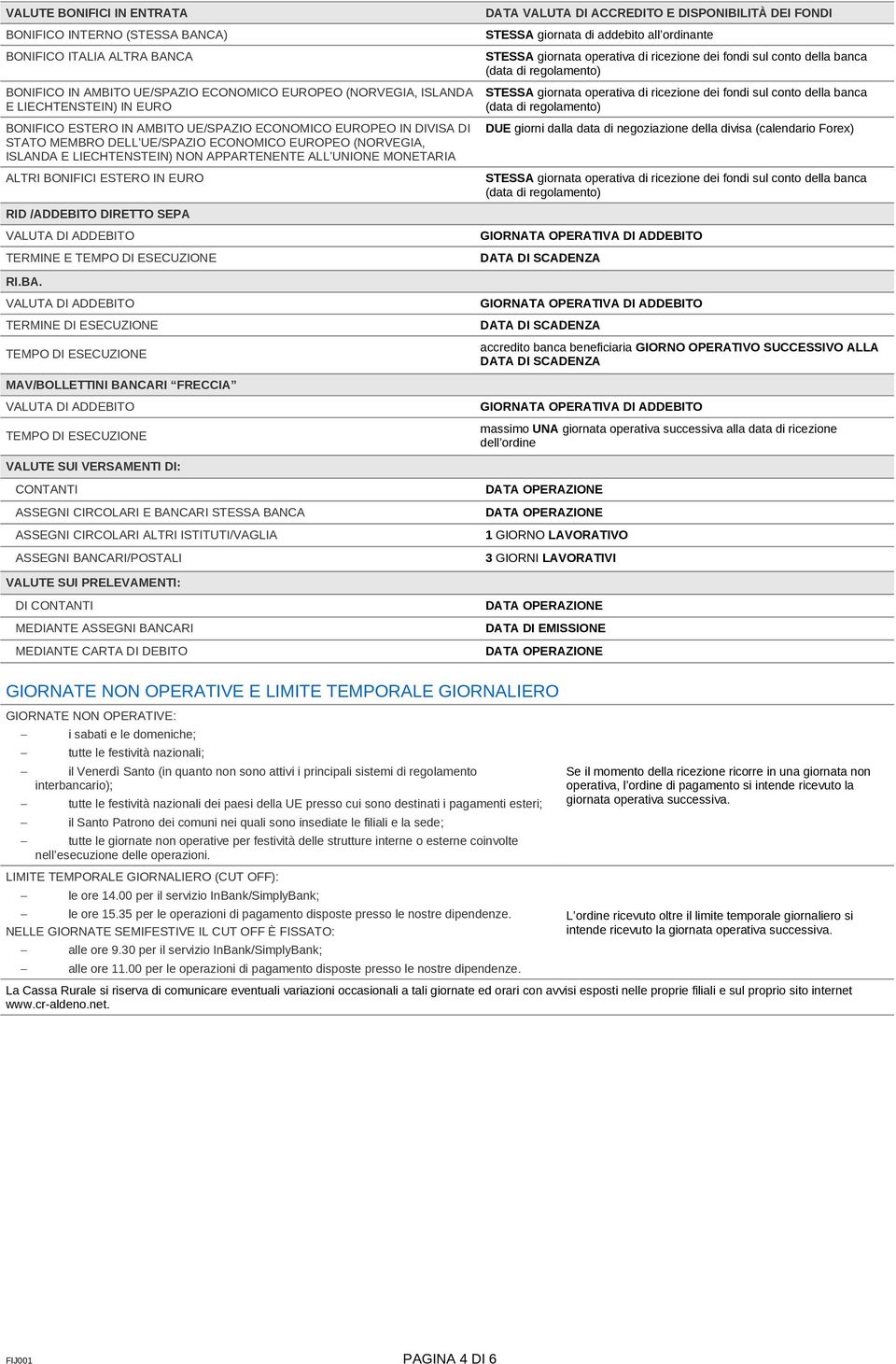 DATA VALUTA DI ACCREDITO E DISPONIBILITÀ DEI FONDI STESSA giornata di addebito all ordinante STESSA giornata operativa di ricezione dei fondi sul conto della banca (data di regolamento) STESSA