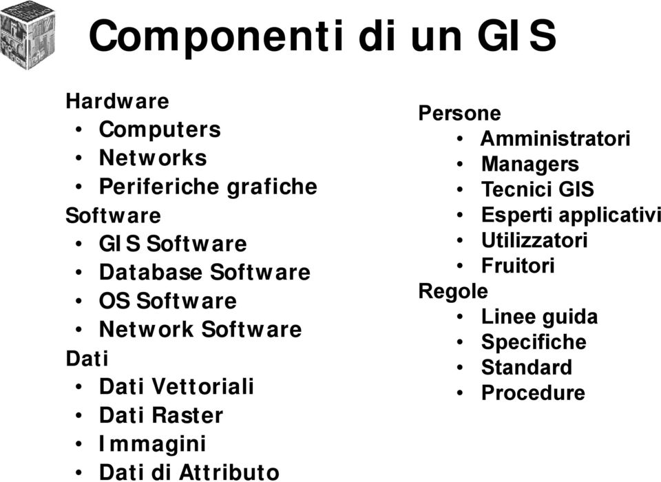 Raster Immagini Dati di Attributo Persone Amministratori Managers Tecnici GIS