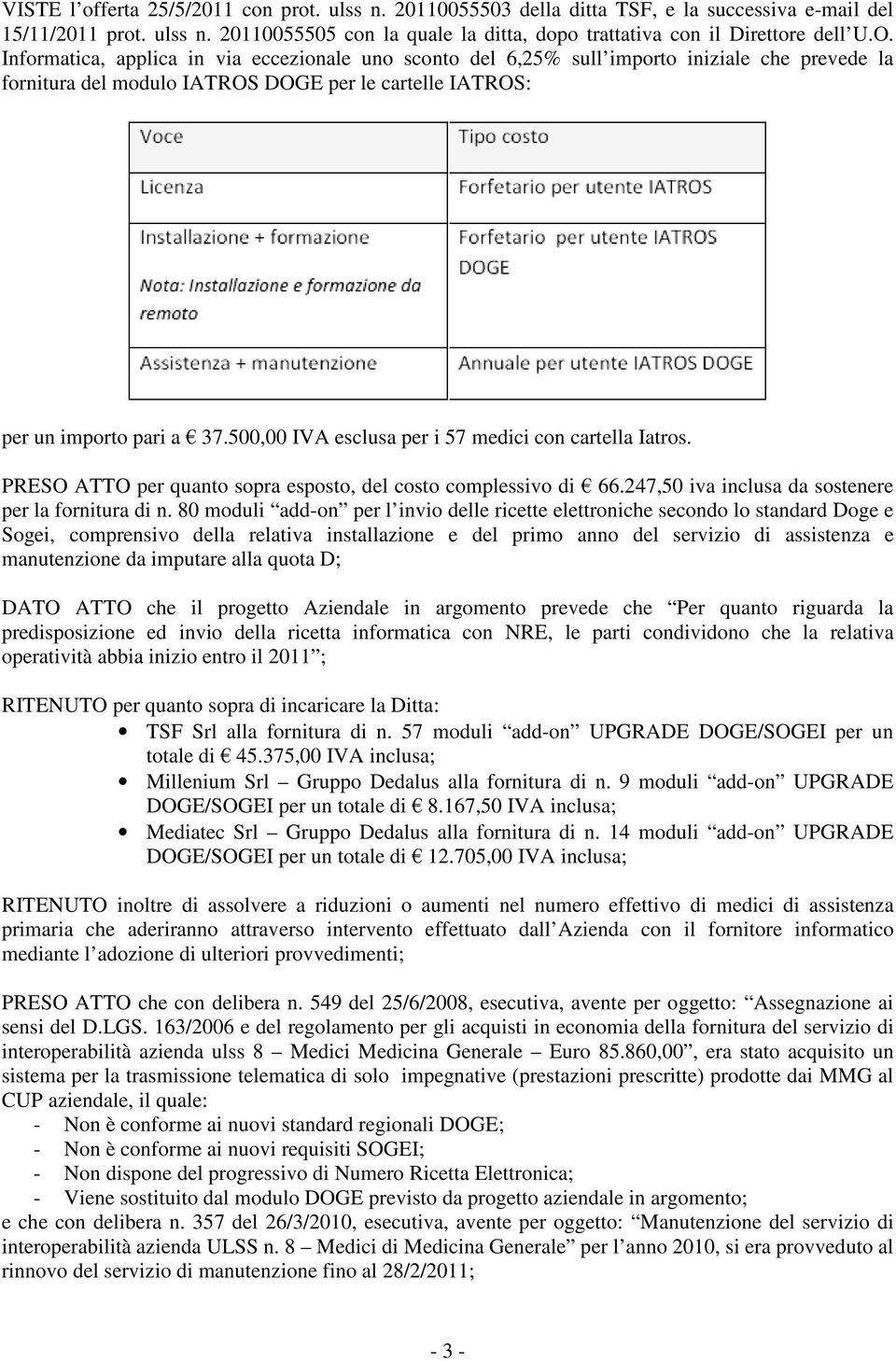 500,00 IVA esclusa per i 57 medici con cartella Iatros. PRESO ATTO per quanto sopra esposto, del costo complessivo di 66.247,50 iva inclusa da sostenere per la fornitura di n.