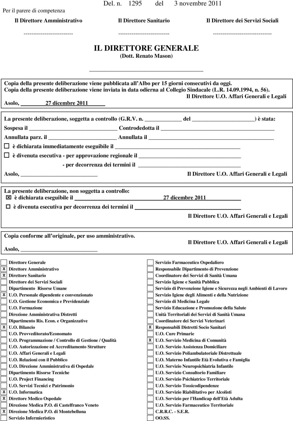 DIRETTORE GENERALE (Dott. Renato Mason) Copia della presente deliberazione viene pubblicata all Albo per 15 giorni consecutivi da oggi.