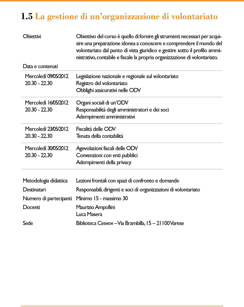 Mercoledì 09/05/2012 Legislazione nazionale e regionale sul volontariato Registro del volontariato Obblighi assicurativi nelle ODV Mercoledì 16/05/2012 Mercoledì 23/05/2012 Mercoledì 30/05/2012