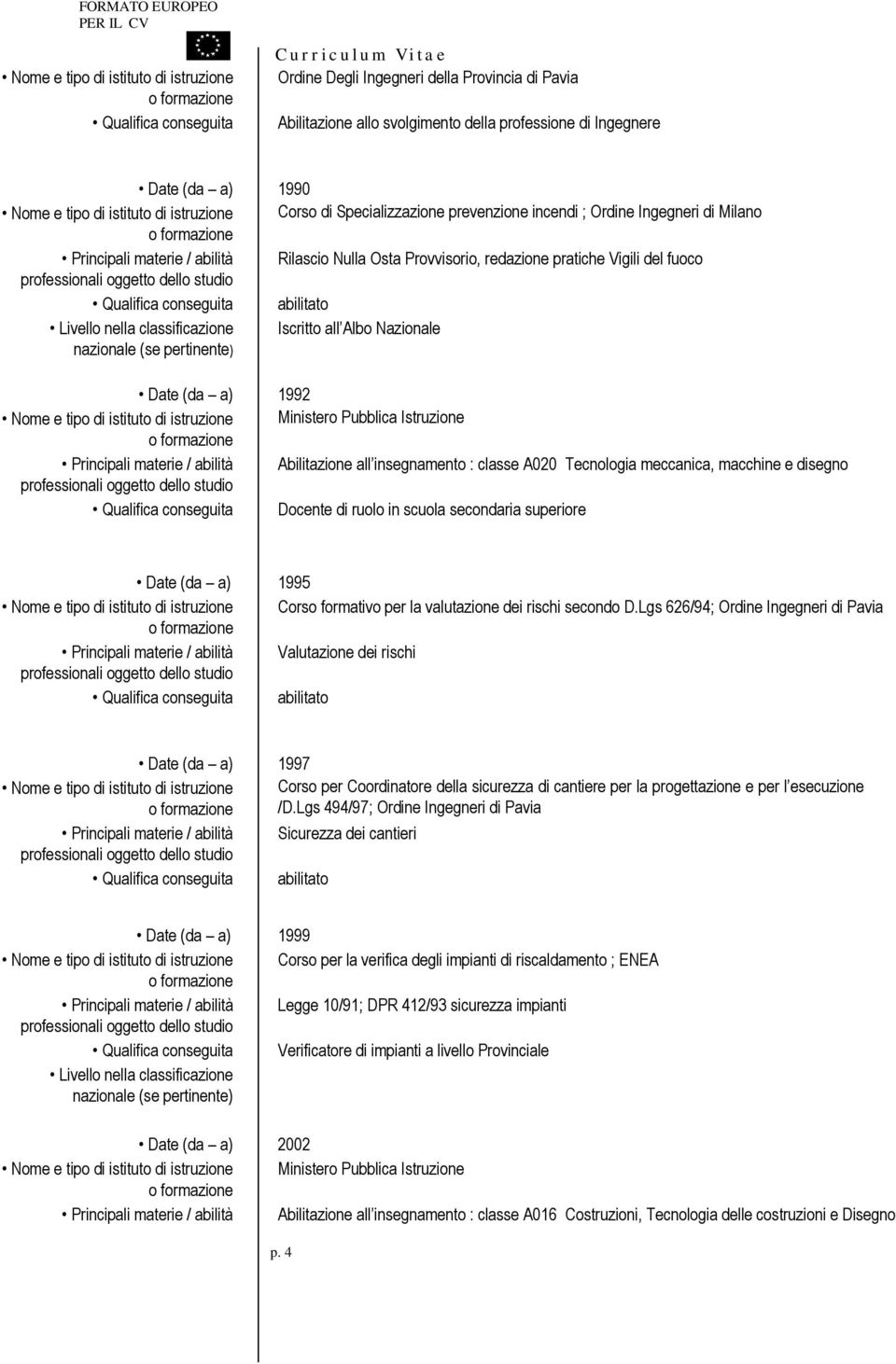 Qualifica conseguita abilitato Livello nella classificazione Iscritto all Albo Nazionale nazionale (se pertinente) Date (da a) 1992 Nome e tipo di istituto di istruzione Ministero Pubblica Istruzione