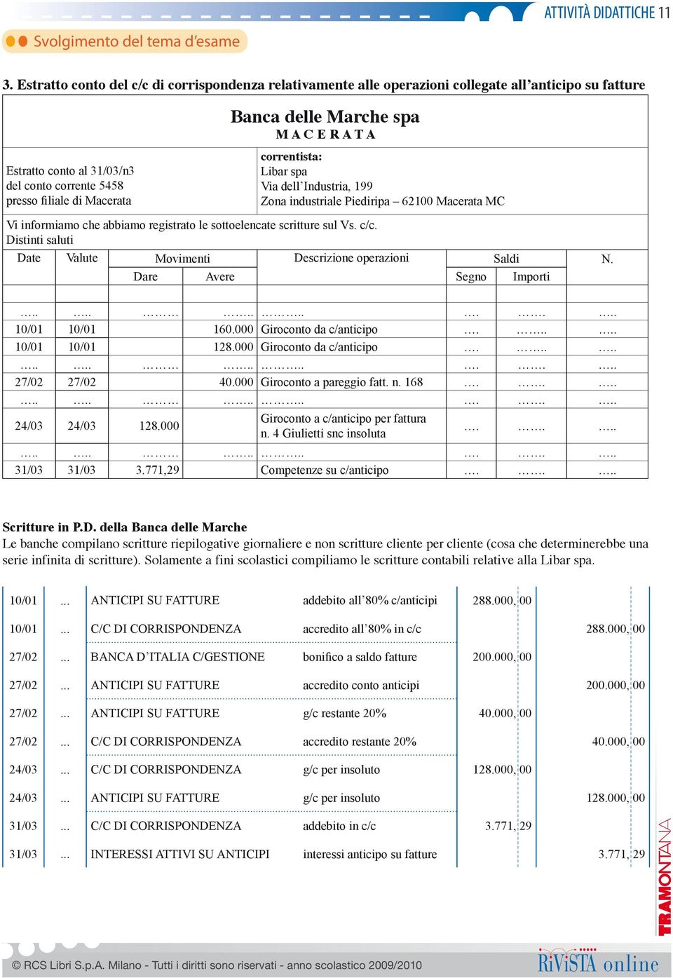 presso filiale di Macerata correntista: Libar spa Via dell Industria, 199 Zona industriale Piediripa 62100 Macerata MC Vi informiamo che abbiamo registrato le sottoelencate scritture sul Vs. c/c.