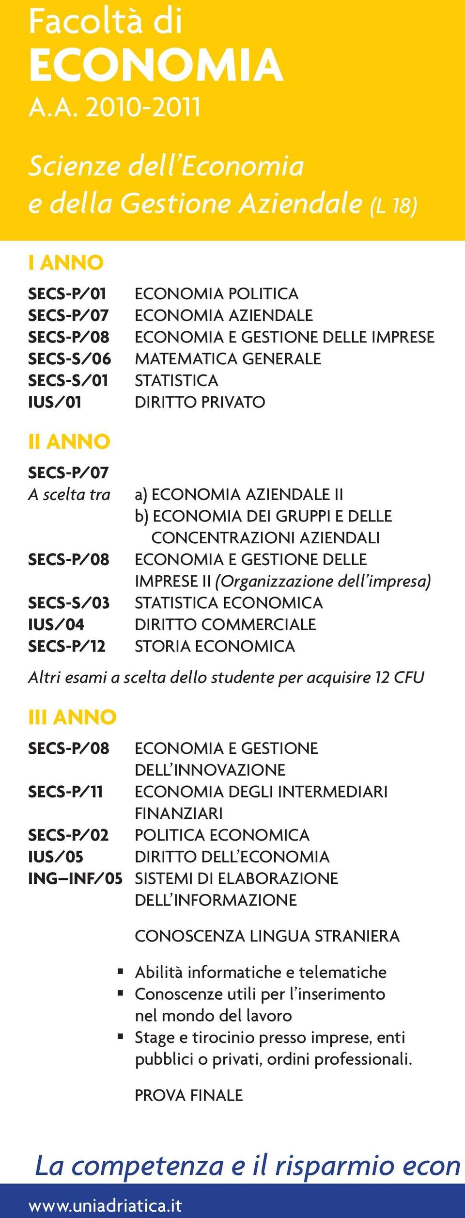 SECS-P/12 ECONOMIA POLITICA ECONOMIA AZIENDALE ECONOMIA E GESTIONE DELLE IMPRESE MATEMATICA GENERALE STATISTICA DIRITTO PRIVATO a) ECONOMIA AZIENDALE II b) ECONOMIA DEI GRUPPI E DELLE CONCENTRAZIONI