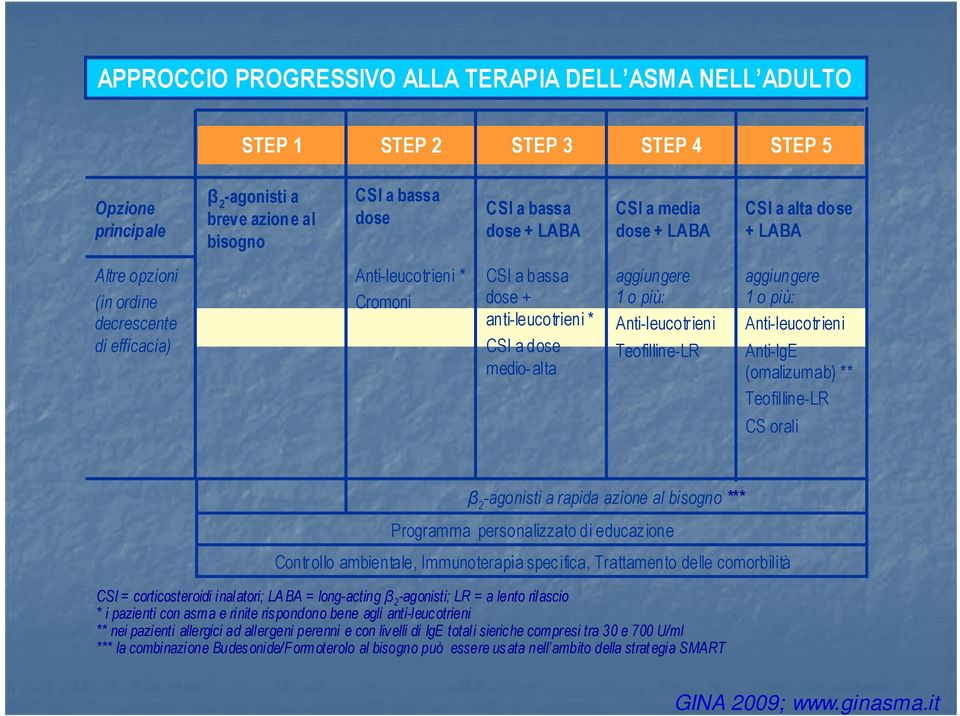 Anti-leucotrieni Teofilline-LR aggiungere 1 o più: Anti-leucotrieni Anti-IgE (omalizumab) ** Teofilline-LR CS orali β 2 -agonisti a rapida azione al bisogno *** Programma personalizzato di educazione