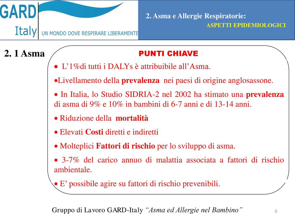 In Italia, lo Studio SIDRIA-2 nel 2002 ha stimato una prevalenza di asma di 9% e 10% in bambini di 6-7 anni e di 13-14 anni.