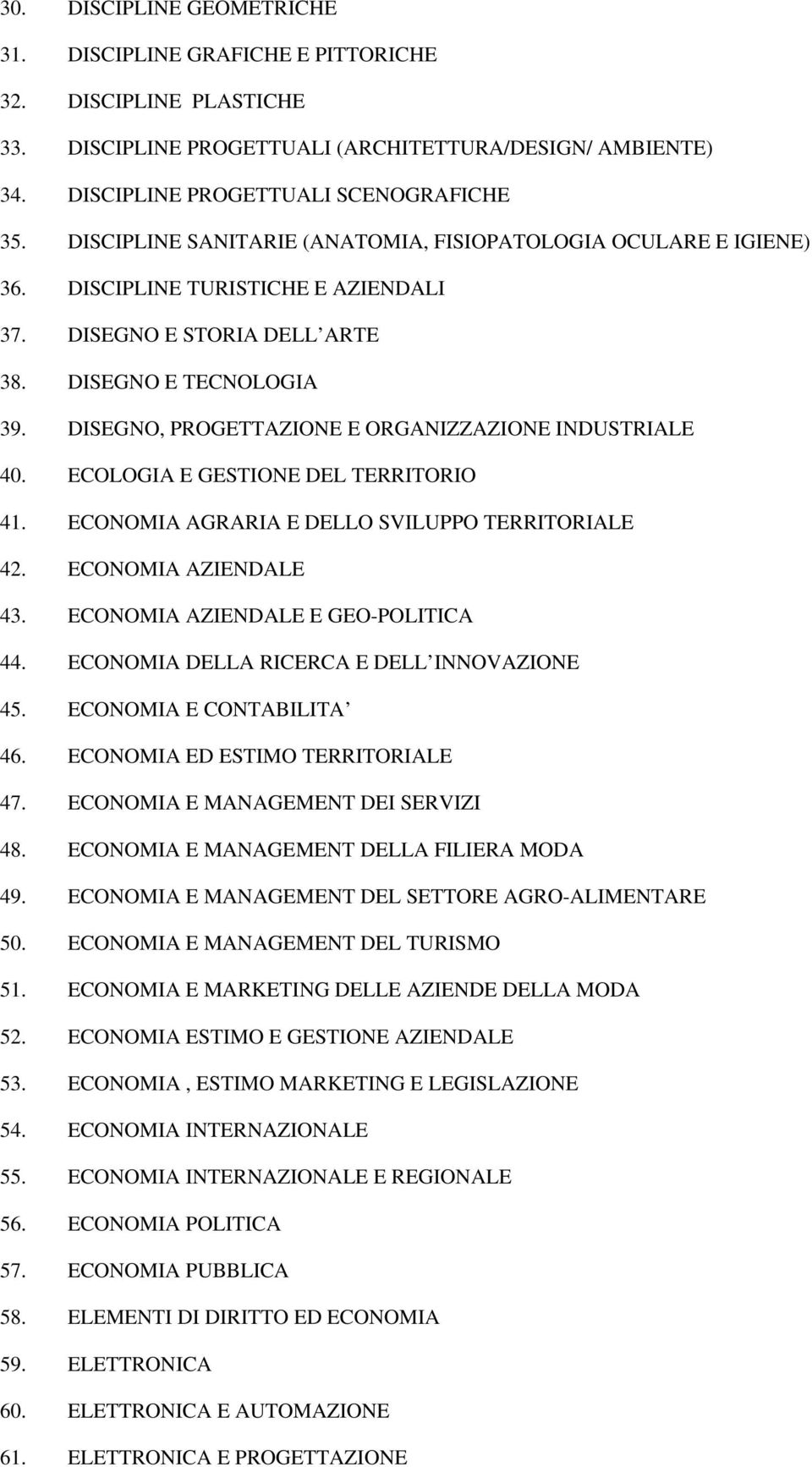 DISEGNO, PROGETTAZIONE E ORGANIZZAZIONE INDUSTRIALE 40. ECOLOGIA E GESTIONE DEL TERRITORIO 41. ECONOMIA AGRARIA E DELLO SVILUPPO TERRITORIALE 42. ECONOMIA AZIENDALE 43.