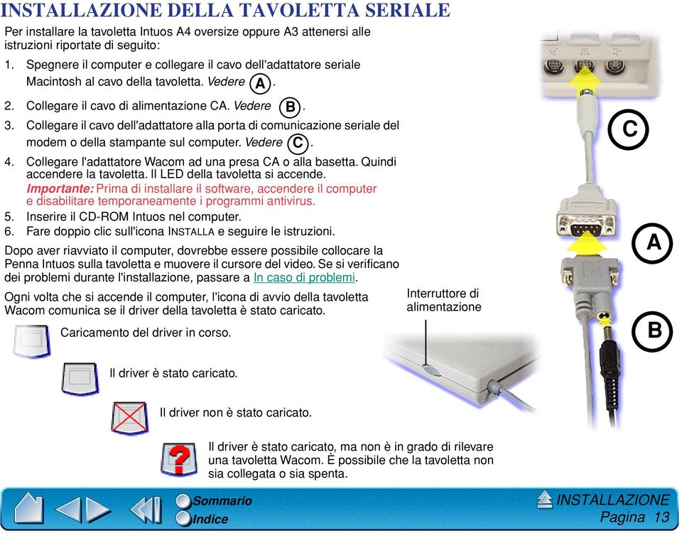 Collegare il cavo dell'adattatore alla porta di comunicazione seriale del modem o della stampante sul computer. Vedere C. 4. Collegare l'adattatore Wacom ad una presa CA o alla basetta.