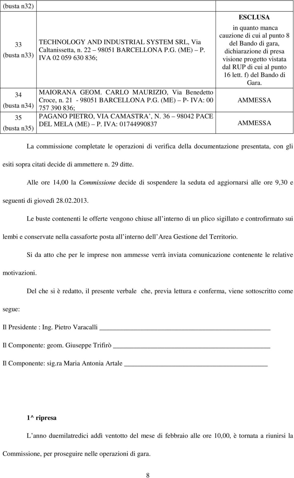 IVA: 01744990837 ESCLUSA in quanto manca cauzione di cui al punto 8 del Bando di gara, dichiarazione di presa visione progetto vistata dal RUP di cui al punto 16 lett. f) del Bando di Gara.