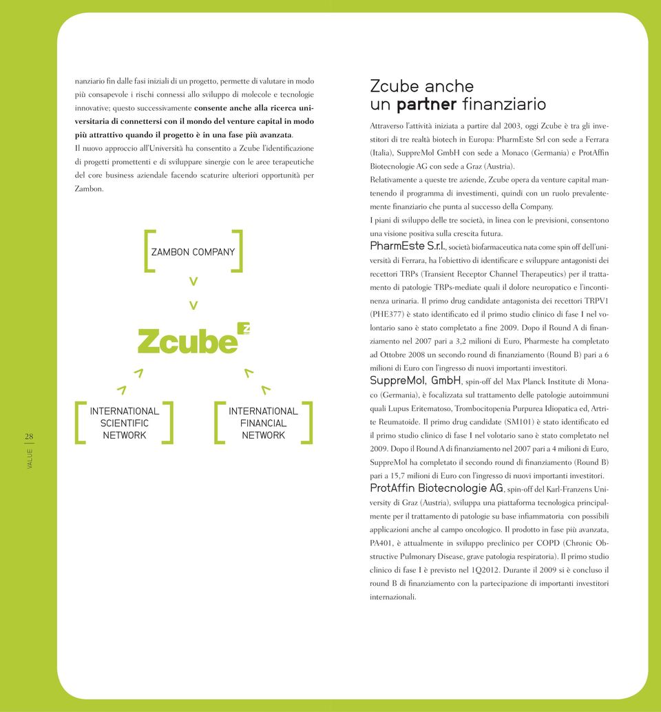 Il nuovo approccio all Università ha consentito a Zcube l identificazione di progetti promettenti e di sviluppare sinergie con le aree terapeutiche del core business aziendale facendo scaturire